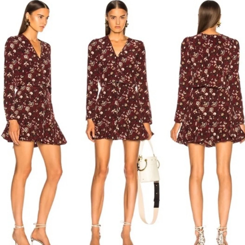 Veronica Beard Riggins Silk Floral Print Flounced Mini Dress in Bordeaux - 10